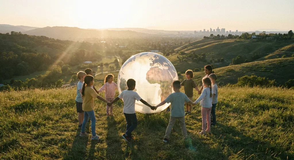 children holding hands around a globe