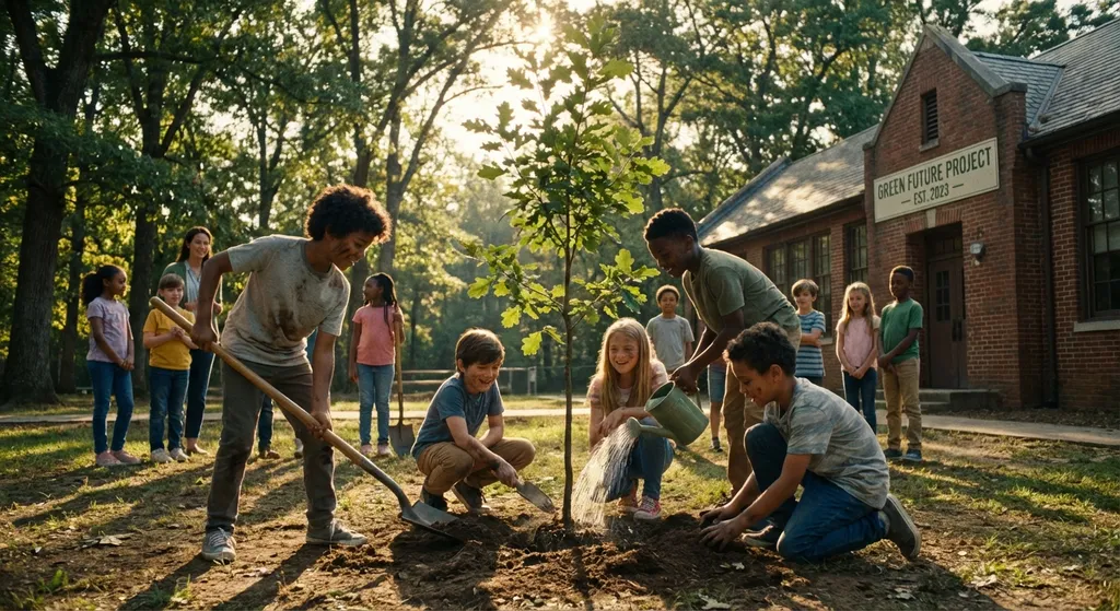children planting a tree in a schoolyard