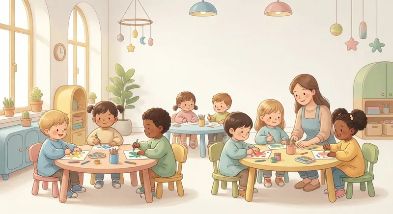 Clean Art Fun learning scene, Clean Art Fun art activity, colorful studio energy and creativity, gentle pastel illustration designed for ages 3-4, rounded shapes, caring expressions, text-free illustration with clean unmarked background, balanced composition, soft cinematic lighting, harmonious color palette, inviting and joyful mood