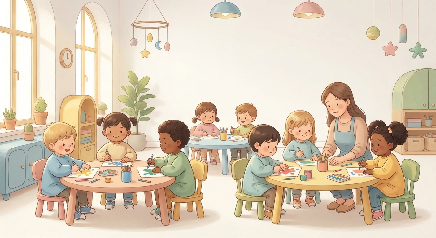 Clean Art Fun learning scene, Clean Art Fun art activity, colorful studio energy and creativity, gentle pastel illustration designed for ages 3-4, rounded shapes, caring expressions, text-free illustration with clean unmarked background, balanced composition, soft cinematic lighting, harmonious color palette, inviting and joyful mood