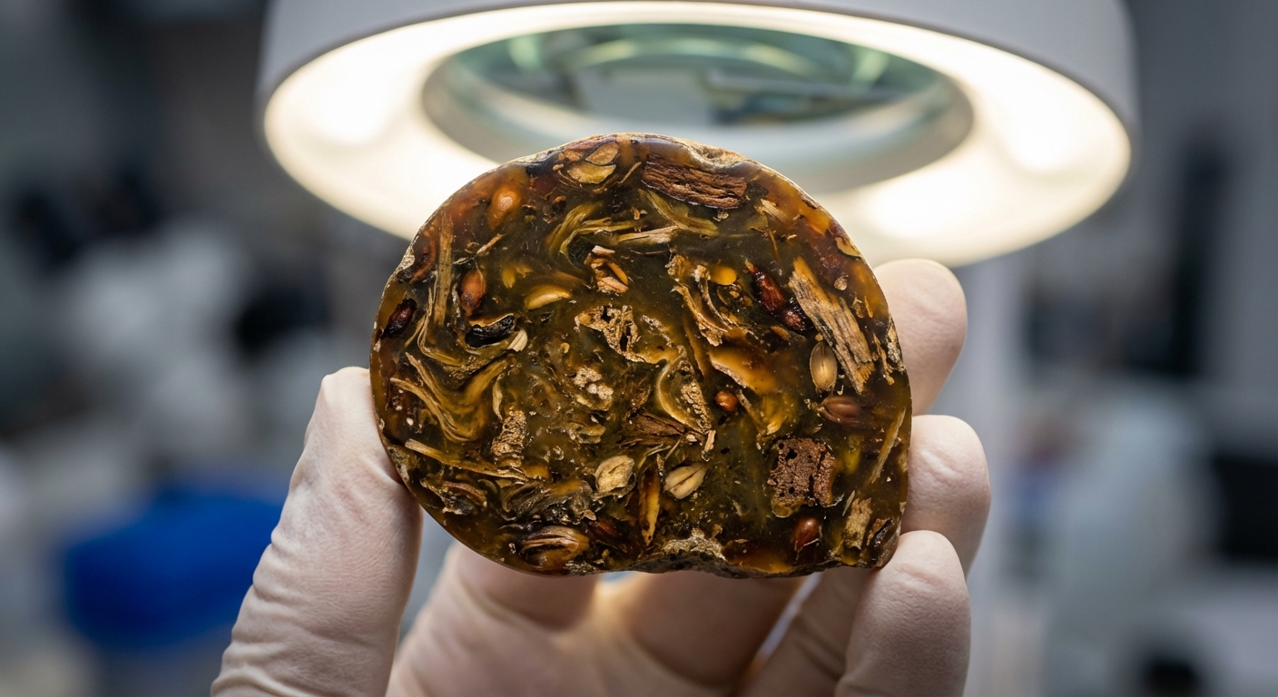 Close-up photograph of a polished coprolite fossil showing internal plant fragments