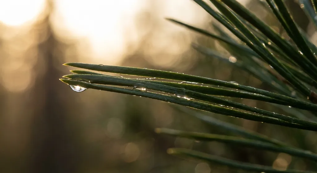 close‑up of a pine needle drawing water up its length
