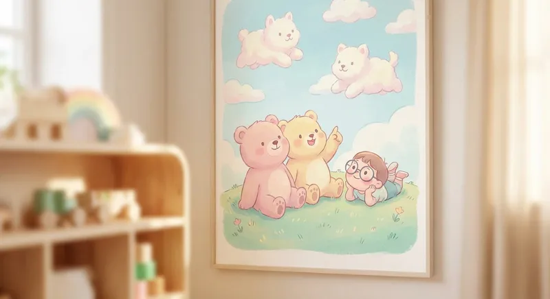 Cloud Watching Fun learning scene, Cloud Watching Fun learning scene filled with curiosity and joy, gentle pastel illustration designed for ages 3-4, rounded shapes, caring expressions, text-free illustration with clean unmarked background, balanced composition, soft cinematic lighting, harmonious color palette, inviting and joyful mood