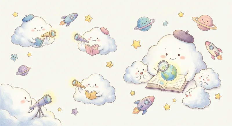 Clouds learning scene, Clouds space adventure, stars and planets inspiring wonder, gentle pastel illustration designed for ages 3-4, rounded shapes, caring expressions, text-free illustration with clean unmarked background, balanced composition, soft cinematic lighting, harmonious color palette, inviting and joyful mood