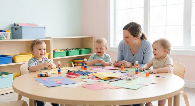 Collage learning scene, Collage art activity, colorful studio energy and creativity, gentle pastel illustration designed for ages 3-4, rounded shapes, caring expressions, text-free illustration with clean unmarked background, balanced composition, soft cinematic lighting, harmonious color palette, inviting and joyful mood