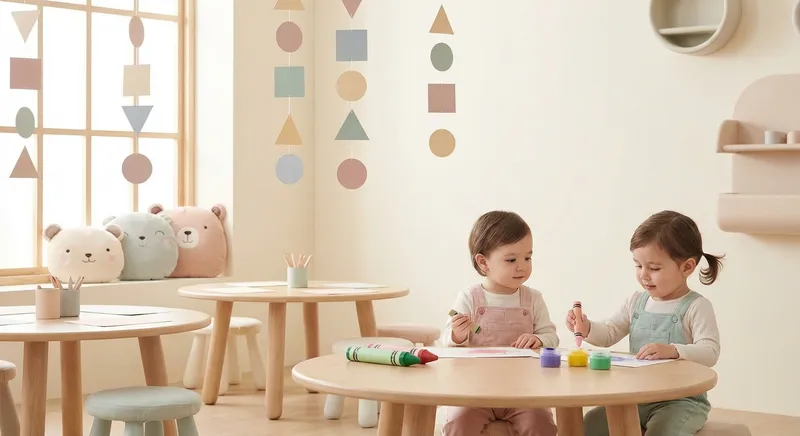 Color and Shape Fun learning scene, Color and Shape Fun art activity, colorful studio energy and creativity, gentle pastel illustration designed for ages 3-4, rounded shapes, caring expressions, text-free illustration with clean unmarked background, balanced composition, soft cinematic lighting, harmonious color palette, inviting and joyful mood