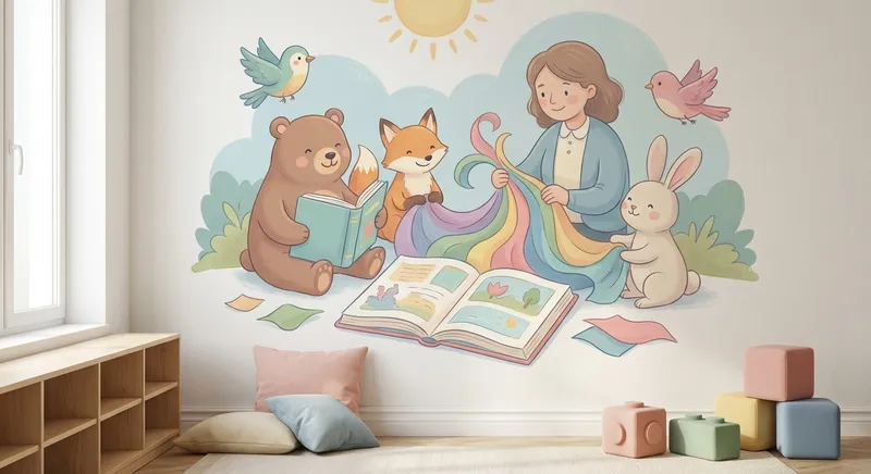 Color Stories for Little Explorers learning scene, Color Stories for Little Explorers learning scene filled with curiosity and joy, gentle pastel illustration designed for ages 3-4, rounded shapes, caring expressions, text-free illustration with clean unmarked background, balanced composition, soft cinematic lighting, harmonious color palette, inviting and joyful mood