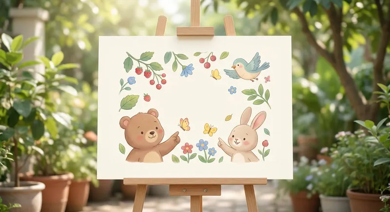 Colors in Nature learning scene, Colors in Nature scene in vibrant nature, lush and lively surroundings, gentle pastel illustration designed for ages 3-4, rounded shapes, caring expressions, text-free illustration with clean unmarked background, balanced composition, soft cinematic lighting, harmonious color palette, inviting and joyful mood