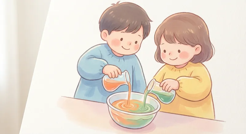 Colors Mixing learning scene, Colors Mixing experiment underway, curious kids collaborating, gentle pastel illustration designed for ages 3-4, rounded shapes, caring expressions, text-free illustration with clean unmarked background, balanced composition, soft cinematic lighting, harmonious color palette, inviting and joyful mood