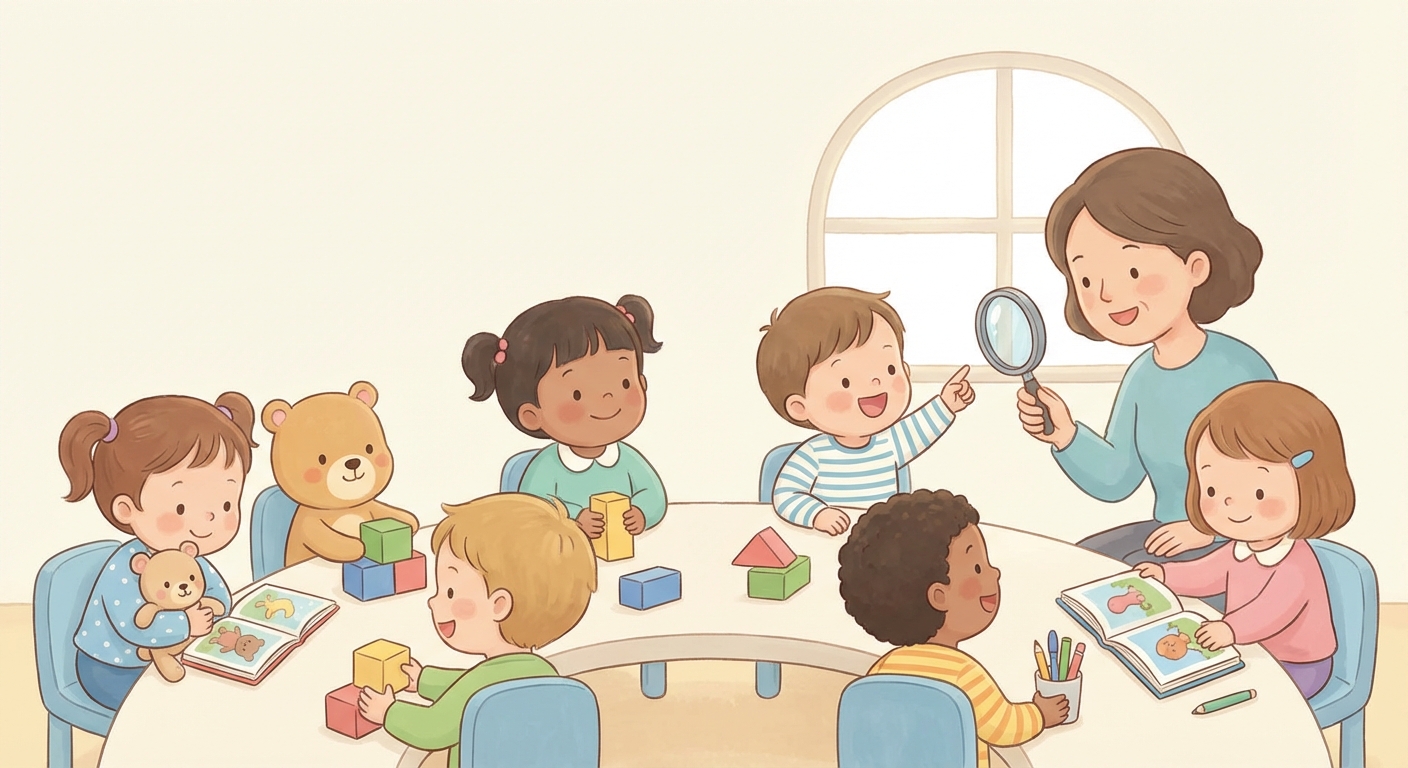 Confident learning scene, Confident learning scene filled with curiosity and joy, gentle pastel illustration designed for ages 3-4, rounded shapes, caring expressions, text-free illustration with clean unmarked background, balanced composition, soft cinematic lighting, harmonious color palette, inviting and joyful mood