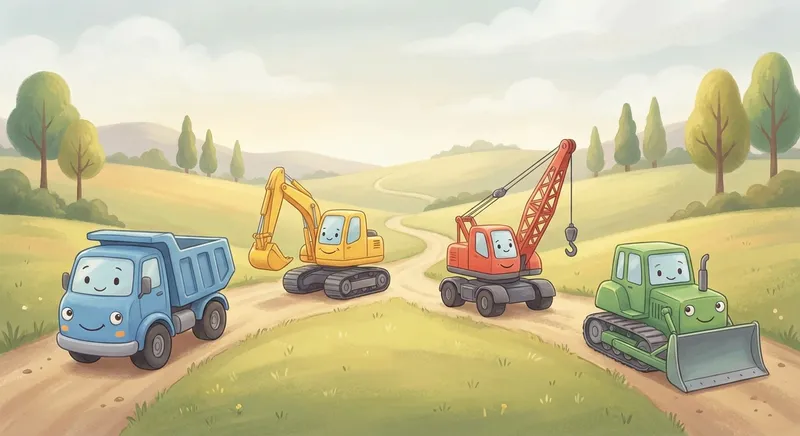 Construction Vehicles on the Job learning scene, Construction Vehicles on the Job journey, cheerful vehicles moving smoothly, gentle pastel illustration designed for ages 3-4, rounded shapes, caring expressions, text-free illustration with clean unmarked background, balanced composition, soft cinematic lighting, harmonious color palette, inviting and joyful mood