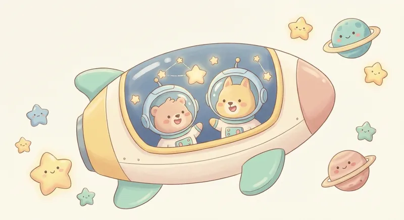 Counting Stars learning scene, Counting Stars space adventure, stars and planets inspiring wonder, gentle pastel illustration designed for ages 3-4, rounded shapes, caring expressions, text-free illustration with clean unmarked background, balanced composition, soft cinematic lighting, harmonious color palette, inviting and joyful mood