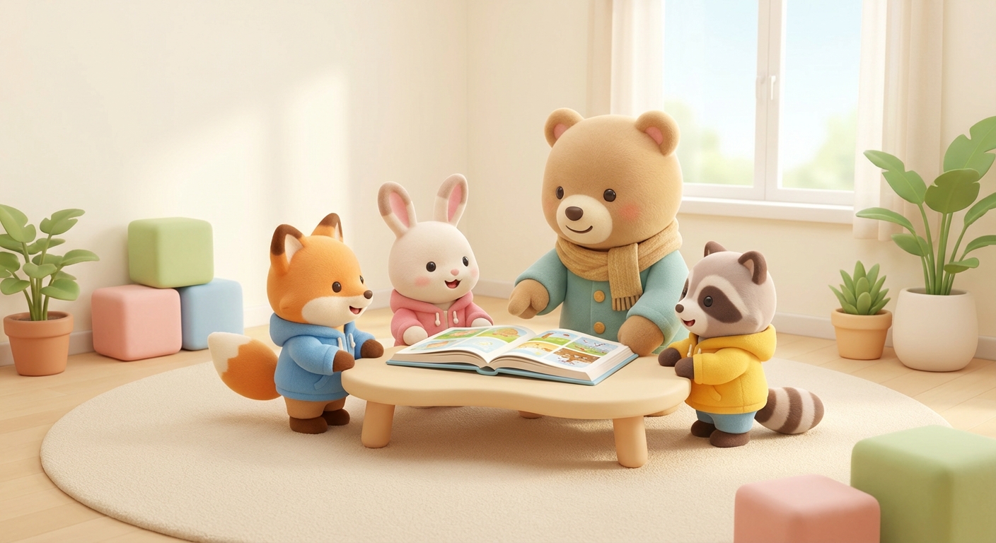 Cozy Coats Jolly Jackets learning scene, Cozy Coats Jolly Jackets learning scene filled with curiosity and joy, gentle pastel illustration designed for ages 3-4, rounded shapes, caring expressions, text-free illustration with clean unmarked background, balanced composition, soft cinematic lighting, harmonious color palette, inviting and joyful mood