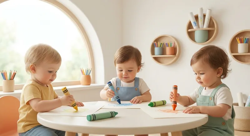 Crayons learning scene, Crayons art activity, colorful studio energy and creativity, gentle pastel illustration designed for ages 3-4, rounded shapes, caring expressions, text-free illustration with clean unmarked background, balanced composition, soft cinematic lighting, harmonious color palette, inviting and joyful mood