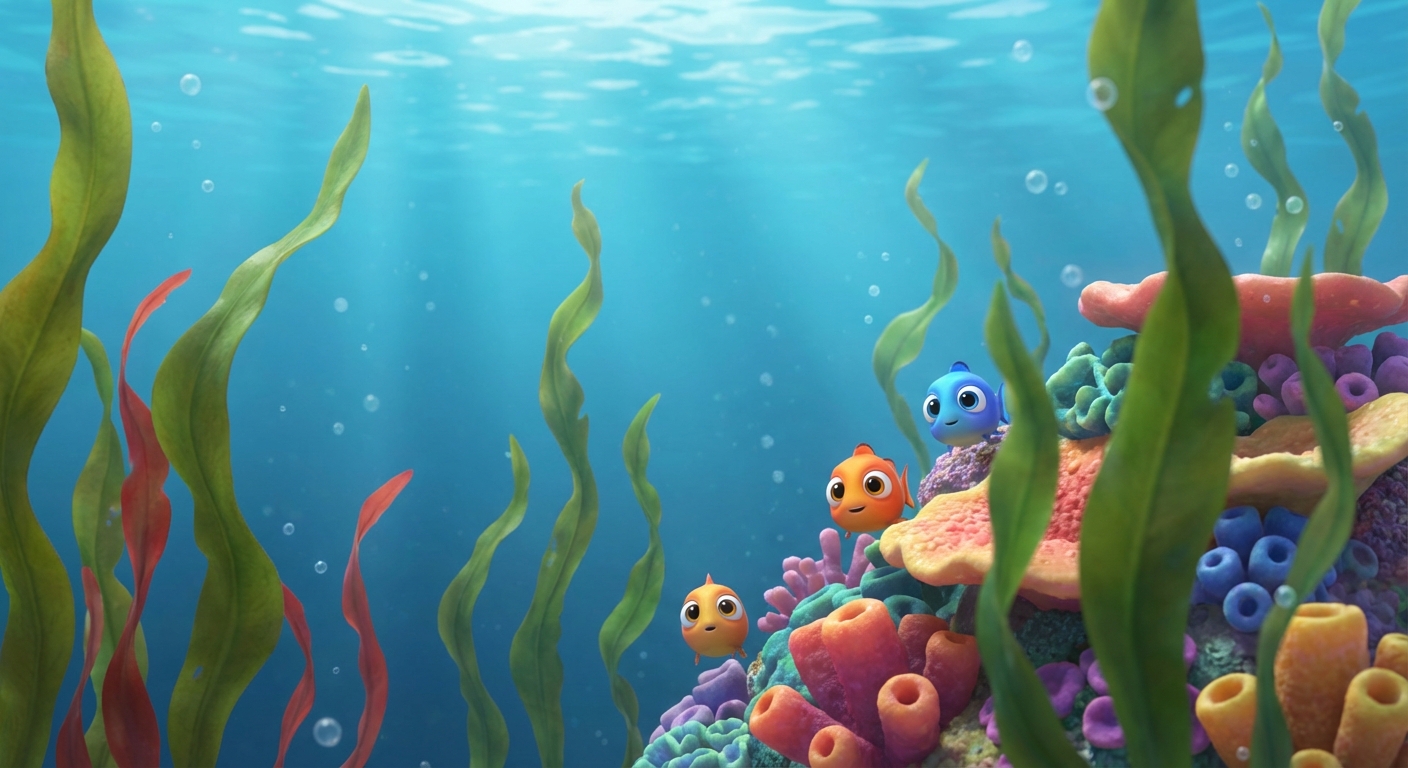 cute cartoon of seaweed swaying and tiny fish hiding near a coral reef