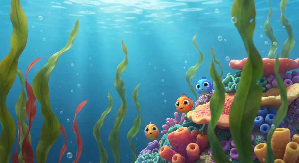 cute cartoon of seaweed swaying and tiny fish hiding near a coral reef