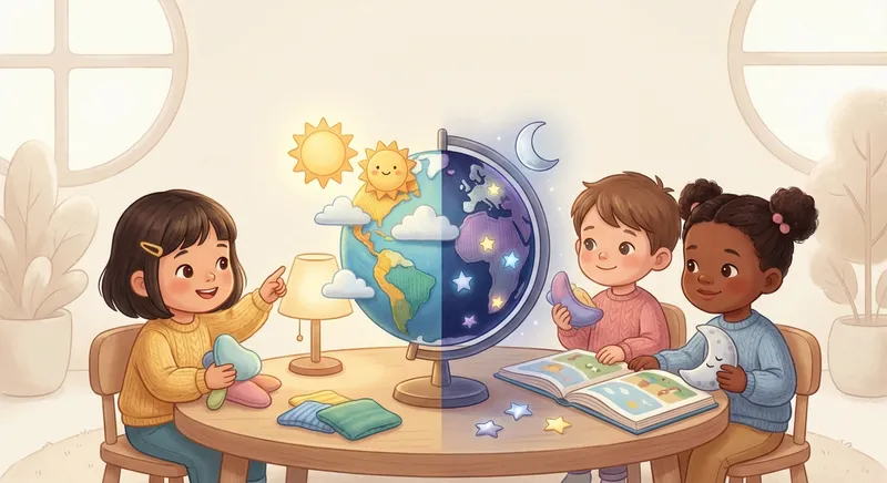 Day and Night learning scene, Day and Night experiment underway, curious kids collaborating, gentle pastel illustration designed for ages 3-4, rounded shapes, caring expressions, text-free illustration with clean unmarked background, balanced composition, soft cinematic lighting, harmonious color palette, inviting and joyful mood