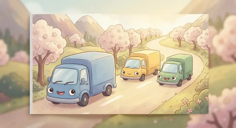 Delivery Trucks learning scene, Delivery Trucks journey, cheerful vehicles moving smoothly, gentle pastel illustration designed for ages 3-4, rounded shapes, caring expressions, text-free illustration with clean unmarked background, balanced composition, soft cinematic lighting, harmonious color palette, inviting and joyful mood