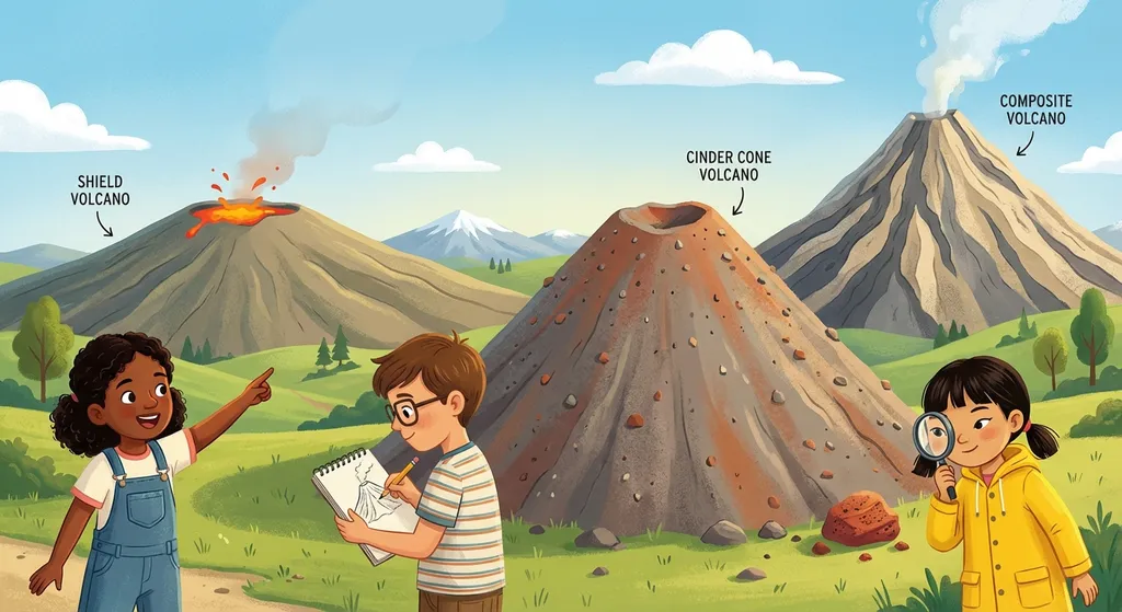 different types of volcanoes side-by-side shield, cinder cone, and composite
