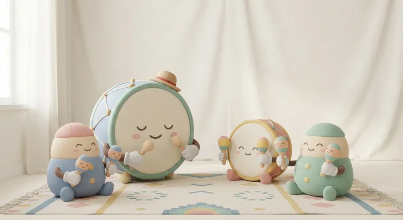Drum and Shaker Fun learning scene, Drum and Shaker Fun music jam session, cheerful instruments and rhythm, gentle pastel illustration designed for ages 3-4, rounded shapes, caring expressions, text-free illustration with clean unmarked background, balanced composition, soft cinematic lighting, harmonious color palette, inviting and joyful mood