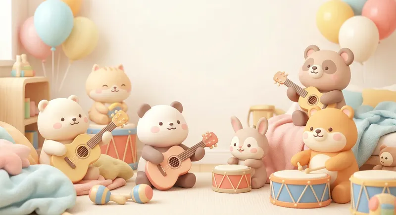 Echo Songs Music That Bounces Back learning scene, Echo Songs Music That Bounces Back music jam session, cheerful instruments and rhythm, gentle pastel illustration designed for ages 3-4, rounded shapes, caring expressions, text-free illustration with clean unmarked background, balanced composition, soft cinematic lighting, harmonious color palette, inviting and joyful mood