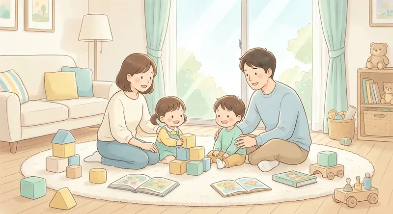 Family Fun at Home learning scene, Family Fun at Home learning scene filled with curiosity and joy, gentle pastel illustration designed for ages 3-4, rounded shapes, caring expressions, text-free illustration with clean unmarked background, balanced composition, soft cinematic lighting, harmonious color palette, inviting and joyful mood