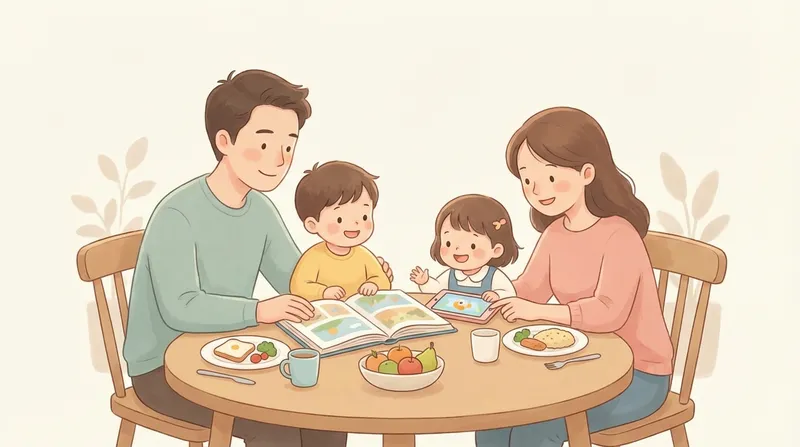 Family Meals at Home learning scene, Family Meals at Home learning scene filled with curiosity and joy, gentle pastel illustration designed for ages 3-4, rounded shapes, caring expressions, text-free illustration with clean unmarked background, balanced composition, soft cinematic lighting, harmonious color palette, inviting and joyful mood