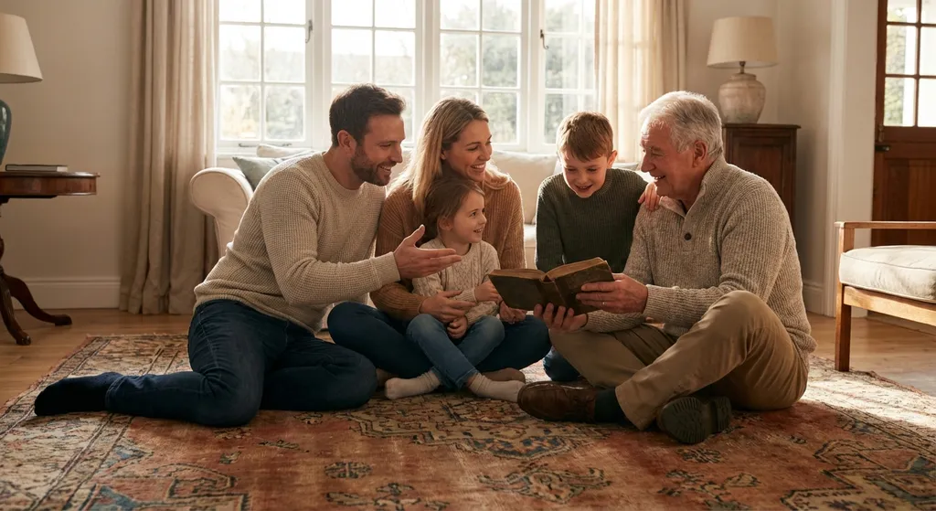 family sitting on a rug sharing a story