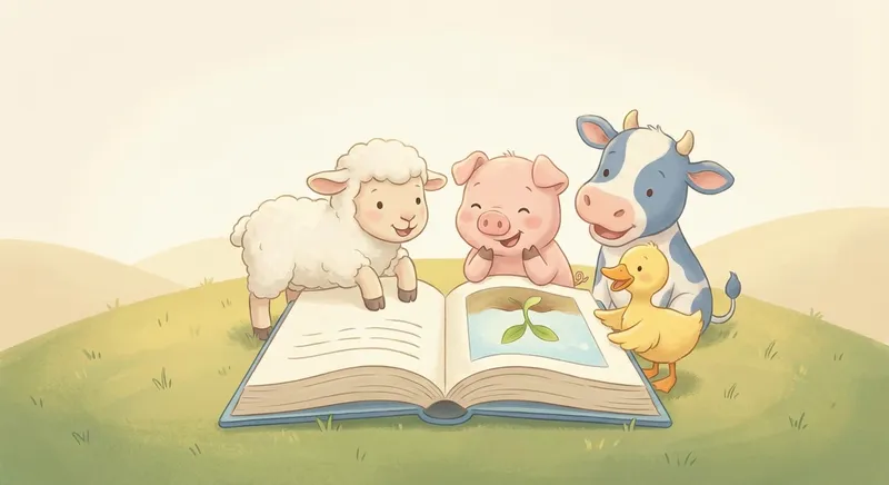 Farm Animals learning scene, Farm Animals animals discovering together, joyful storybook moment, gentle pastel illustration designed for ages 3-4, rounded shapes, caring expressions, text-free illustration with clean unmarked background, balanced composition, soft cinematic lighting, harmonious color palette, inviting and joyful mood