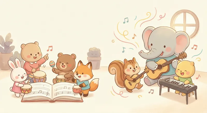 Fast and Slow Music learning scene, Fast and Slow Music music jam session, cheerful instruments and rhythm, gentle pastel illustration designed for ages 3-4, rounded shapes, caring expressions, text-free illustration with clean unmarked background, balanced composition, soft cinematic lighting, harmonious color palette, inviting and joyful mood