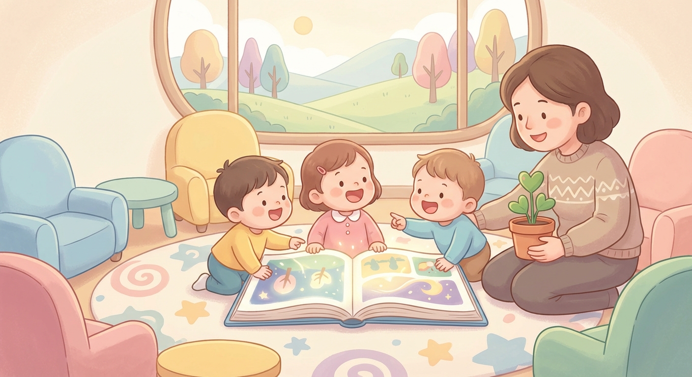 Feeling Grateful learning scene, Feeling Grateful learning scene filled with curiosity and joy, gentle pastel illustration designed for ages 3-4, rounded shapes, caring expressions, text-free illustration with clean unmarked background, balanced composition, soft cinematic lighting, harmonious color palette, inviting and joyful mood