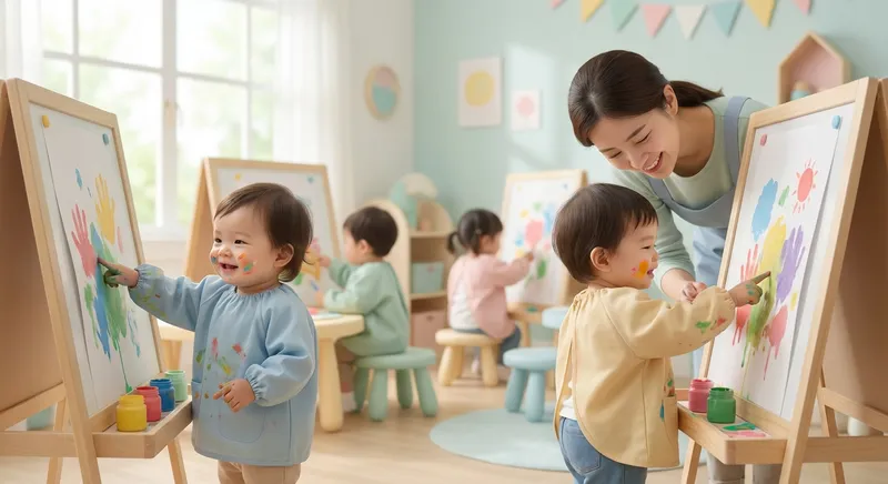 Finger Painting Fun learning scene, Finger Painting Fun art activity, colorful studio energy and creativity, gentle pastel illustration designed for ages 3-4, rounded shapes, caring expressions, text-free illustration with clean unmarked background, balanced composition, soft cinematic lighting, harmonious color palette, inviting and joyful mood