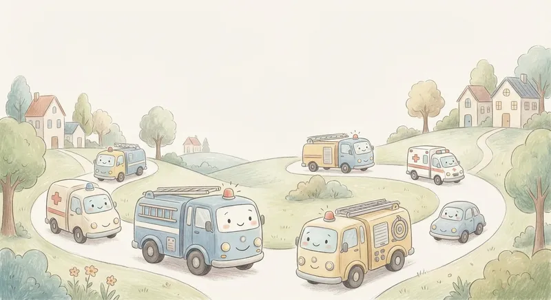 Fire Truck Fun learning scene, Fire Truck Fun journey, cheerful vehicles moving smoothly, gentle pastel illustration designed for ages 3-4, rounded shapes, caring expressions, text-free illustration with clean unmarked background, balanced composition, soft cinematic lighting, harmonious color palette, inviting and joyful mood