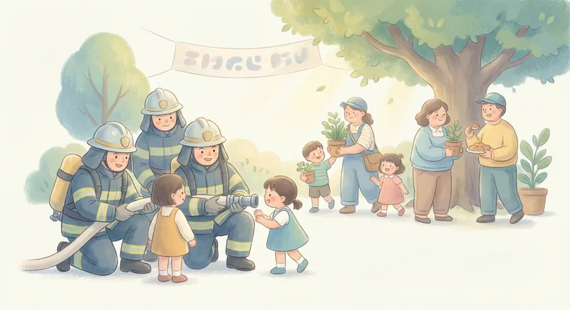 Firefighters learning scene, Firefighters community scene, neighbors helping each other, gentle pastel illustration designed for ages 3-4, rounded shapes, caring expressions, text-free illustration with clean unmarked background, balanced composition, soft cinematic lighting, harmonious color palette, inviting and joyful mood