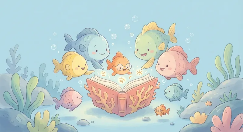 Fish learning scene, Fish animals discovering together, joyful storybook moment, gentle pastel illustration designed for ages 3-4, rounded shapes, caring expressions, text-free illustration with clean unmarked background, balanced composition, soft cinematic lighting, harmonious color palette, inviting and joyful mood