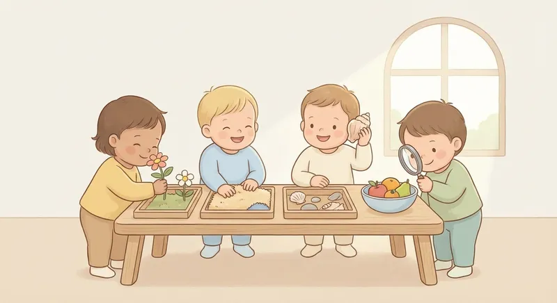 Five Senses learning scene, Five Senses experiment underway, curious kids collaborating, gentle pastel illustration designed for ages 3-4, rounded shapes, caring expressions, text-free illustration with clean unmarked background, balanced composition, soft cinematic lighting, harmonious color palette, inviting and joyful mood