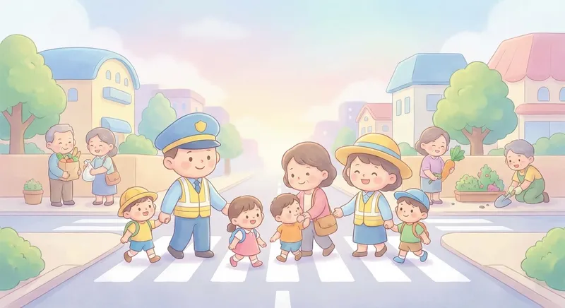 Friendly Crossing Guards learning scene, Friendly Crossing Guards community scene, neighbors helping each other, gentle pastel illustration designed for ages 3-4, rounded shapes, caring expressions, text-free illustration with clean unmarked background, balanced composition, soft cinematic lighting, harmonious color palette, inviting and joyful mood
