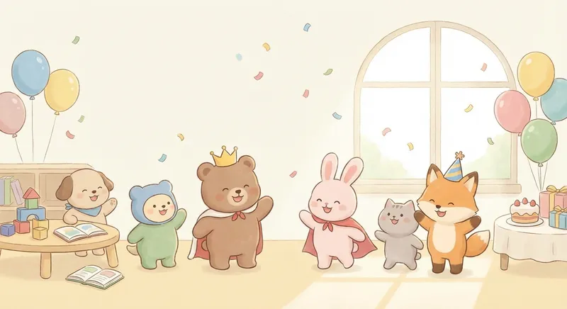 Fun Costumes for Happy Celebrations learning scene, Fun Costumes for Happy Celebrations celebration scene, balloons and confetti floating, gentle pastel illustration designed for ages 3-4, rounded shapes, caring expressions, text-free illustration with clean unmarked background, balanced composition, soft cinematic lighting, harmonious color palette, inviting and joyful mood