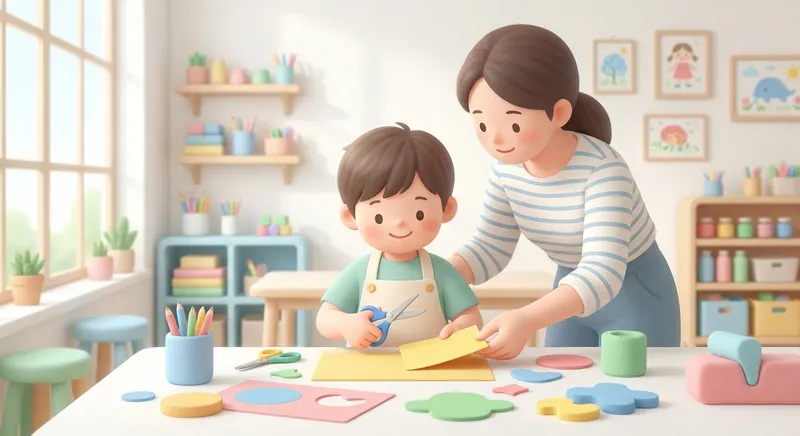 Fun Cutting Practice learning scene, Fun Cutting Practice art activity, colorful studio energy and creativity, gentle pastel illustration designed for ages 3-4, rounded shapes, caring expressions, text-free illustration with clean unmarked background, balanced composition, soft cinematic lighting, harmonious color palette, inviting and joyful mood