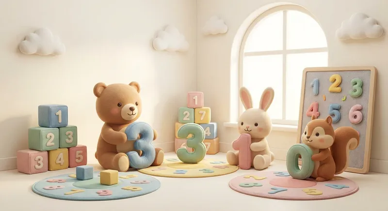 Fun Number Games learning scene, Fun Number Games learning scene filled with curiosity and joy, gentle pastel illustration designed for ages 3-4, rounded shapes, caring expressions, text-free illustration with clean unmarked background, balanced composition, soft cinematic lighting, harmonious color palette, inviting and joyful mood