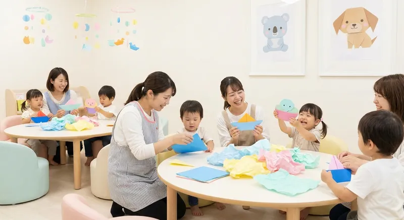 Fun Paper Folding learning scene, Fun Paper Folding art activity, colorful studio energy and creativity, gentle pastel illustration designed for ages 3-4, rounded shapes, caring expressions, text-free illustration with clean unmarked background, balanced composition, soft cinematic lighting, harmonious color palette, inviting and joyful mood