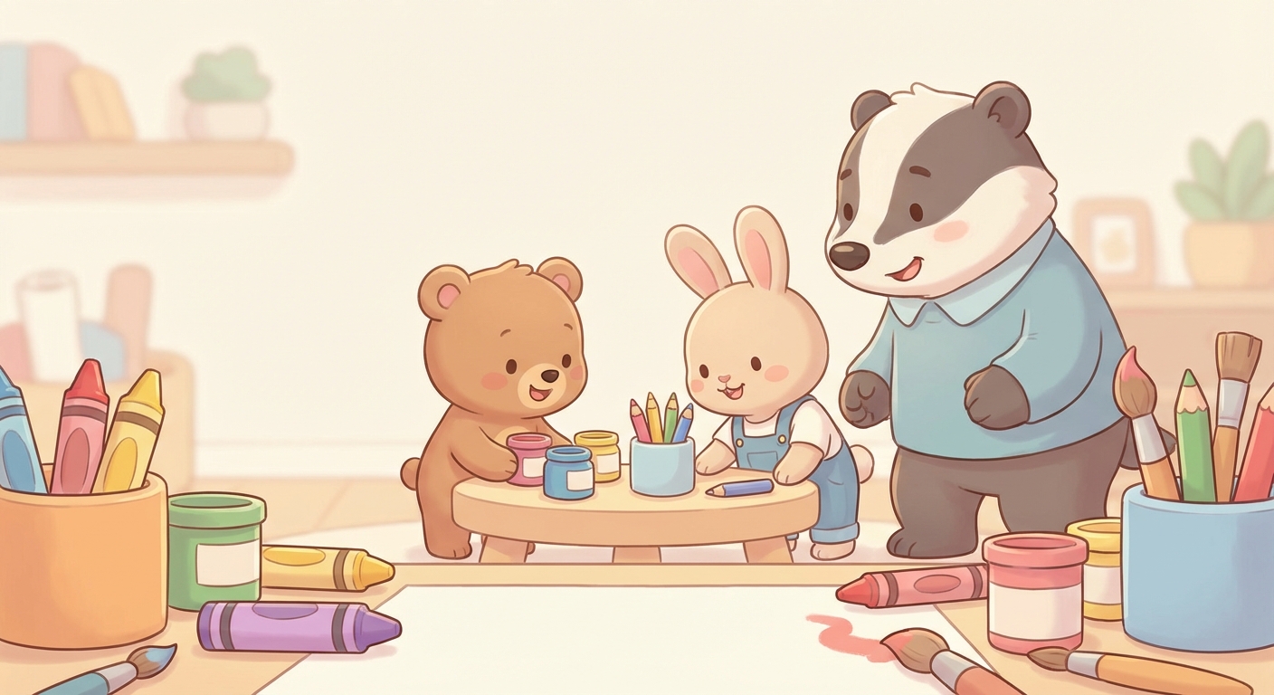 Fun with Art Supplies learning scene, Fun with Art Supplies learning scene filled with curiosity and joy, gentle pastel illustration designed for ages 3-4, rounded shapes, caring expressions, text-free illustration with clean unmarked background, balanced composition, soft cinematic lighting, harmonious color palette, inviting and joyful mood