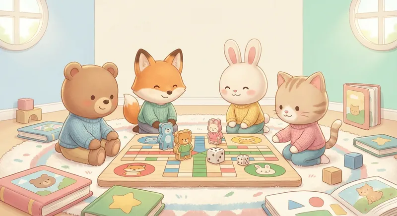 Fun with Board Games learning scene, Fun with Board Games learning scene filled with curiosity and joy, gentle pastel illustration designed for ages 3-4, rounded shapes, caring expressions, text-free illustration with clean unmarked background, balanced composition, soft cinematic lighting, harmonious color palette, inviting and joyful mood