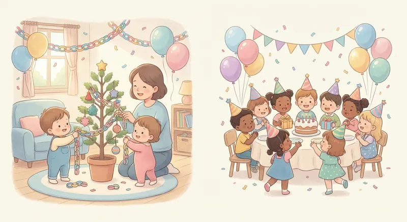 Fun with Decorations learning scene, Fun with Decorations celebration scene, balloons and confetti floating, gentle pastel illustration designed for ages 3-4, rounded shapes, caring expressions, text-free illustration with clean unmarked background, balanced composition, soft cinematic lighting, harmonious color palette, inviting and joyful mood