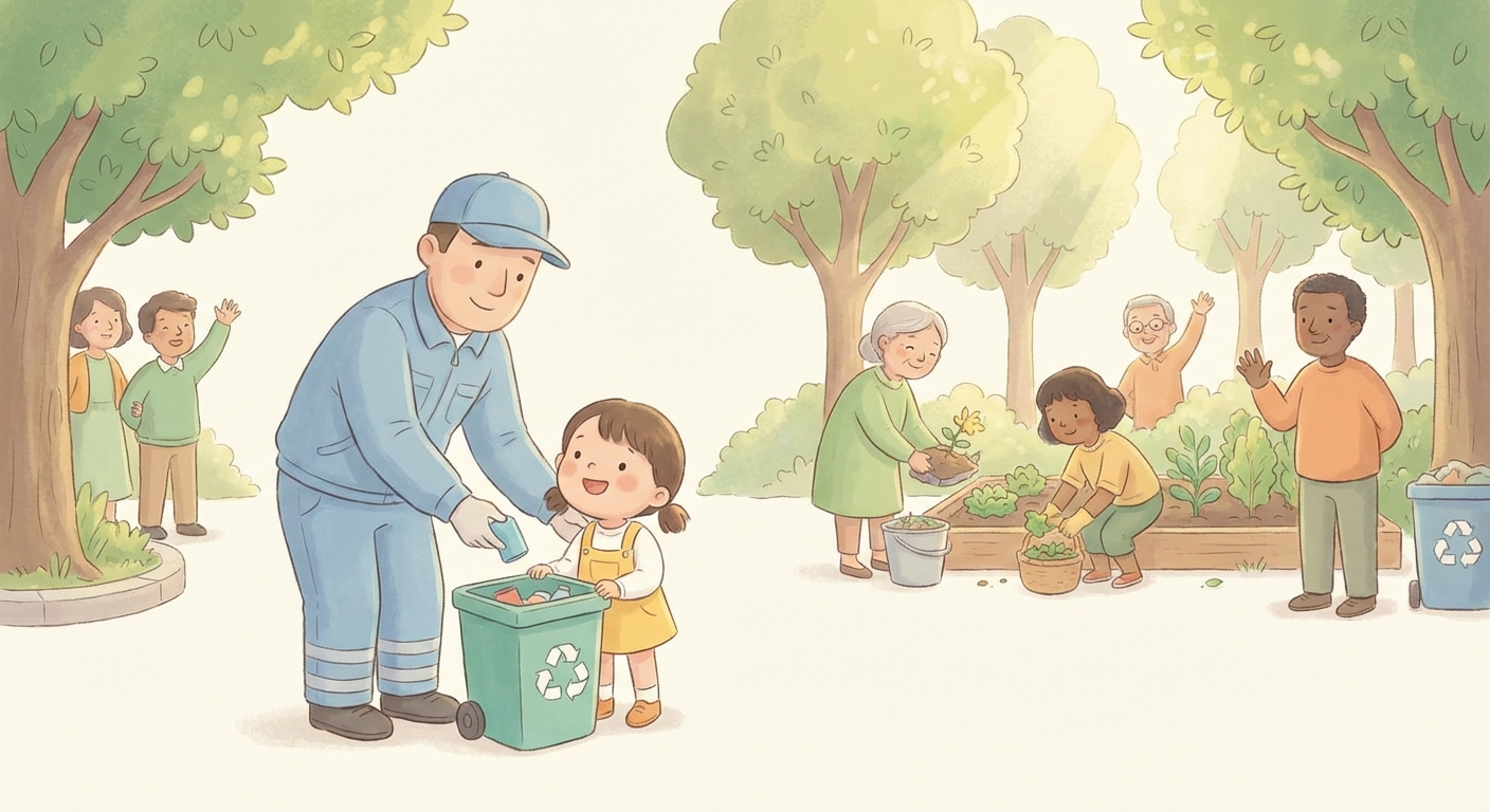 Garbage Collectors learning scene, Garbage Collectors community scene, neighbors helping each other, gentle pastel illustration designed for ages 3-4, rounded shapes, caring expressions, text-free illustration with clean unmarked background, balanced composition, soft cinematic lighting, harmonious color palette, inviting and joyful mood