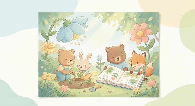 Gardens learning scene, Gardens scene in vibrant nature, lush and lively surroundings, gentle pastel illustration designed for ages 3-4, rounded shapes, caring expressions, text-free illustration with clean unmarked background, balanced composition, soft cinematic lighting, harmonious color palette, inviting and joyful mood