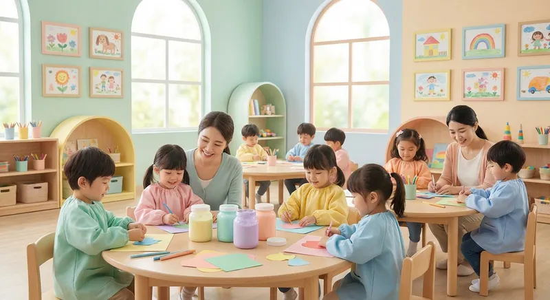 Gluing Fun learning scene, Gluing Fun art activity, colorful studio energy and creativity, gentle pastel illustration designed for ages 3-4, rounded shapes, caring expressions, text-free illustration with clean unmarked background, balanced composition, soft cinematic lighting, harmonious color palette, inviting and joyful mood