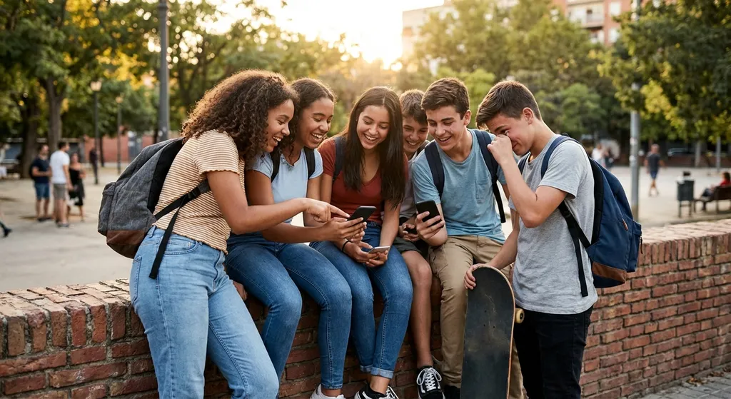group of diverse teenagers looking at smartphones and laughing