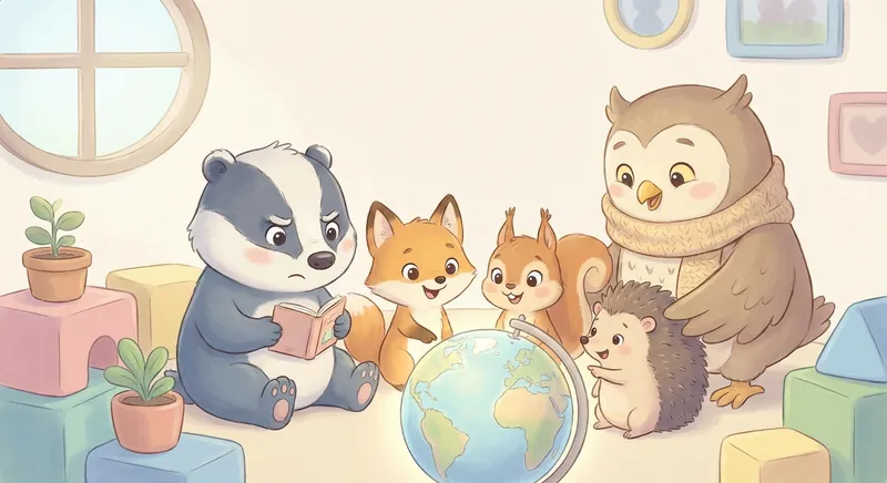 Grumpy learning scene, Grumpy learning scene filled with curiosity and joy, gentle pastel illustration designed for ages 3-4, rounded shapes, caring expressions, text-free illustration with clean unmarked background, balanced composition, soft cinematic lighting, harmonious color palette, inviting and joyful mood