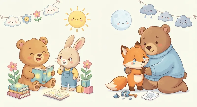 Happy and Sad learning scene, Happy and Sad learning scene filled with curiosity and joy, gentle pastel illustration designed for ages 3-4, rounded shapes, caring expressions, text-free illustration with clean unmarked background, balanced composition, soft cinematic lighting, harmonious color palette, inviting and joyful mood